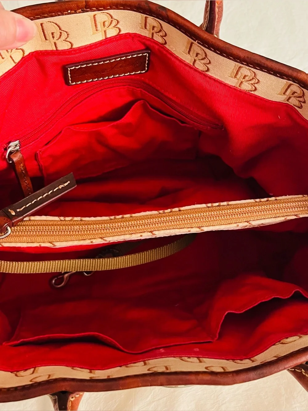 Dooney & Bourke Monogram Satchel Top Handle Turn Lock Zip Red Lining Refurbished